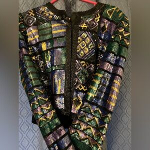 Laurence Kazar Geometric Sequin Jacket - Green, Purple, Yellow
